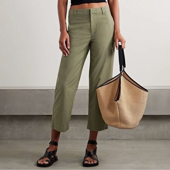 Vince Olive Green Cotton Twill Straight Leg Cropped Pants Size 6 Casual Utility - Picture 4 of 12